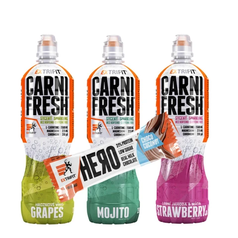 AKCE 3x Extrifit Carnifresh Sparkling Caffeine free 850 ml + ZDARMA Hero Protein Bar 65 g