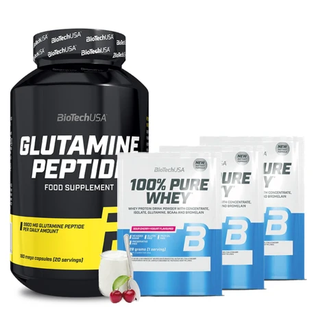 AKCE BioTech Glutamine Peptide 180 cps + ZDARMA 3x 100% Pure Whey 28 g