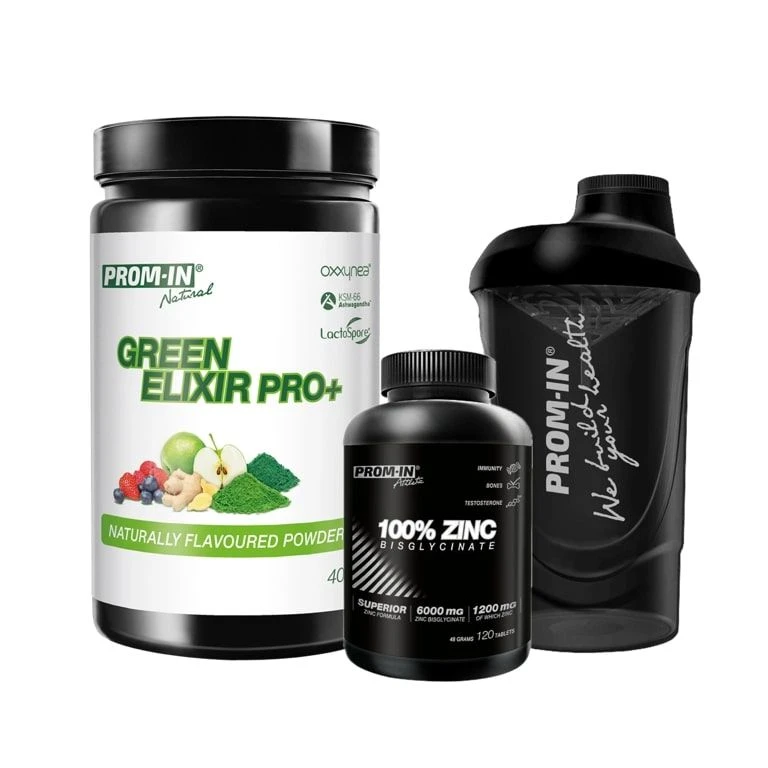 AKCE Prom-In Green Elixir Pro+ 405 g naturally + ZDARMA Zinc 120 tbl + Šejkr 600 ml