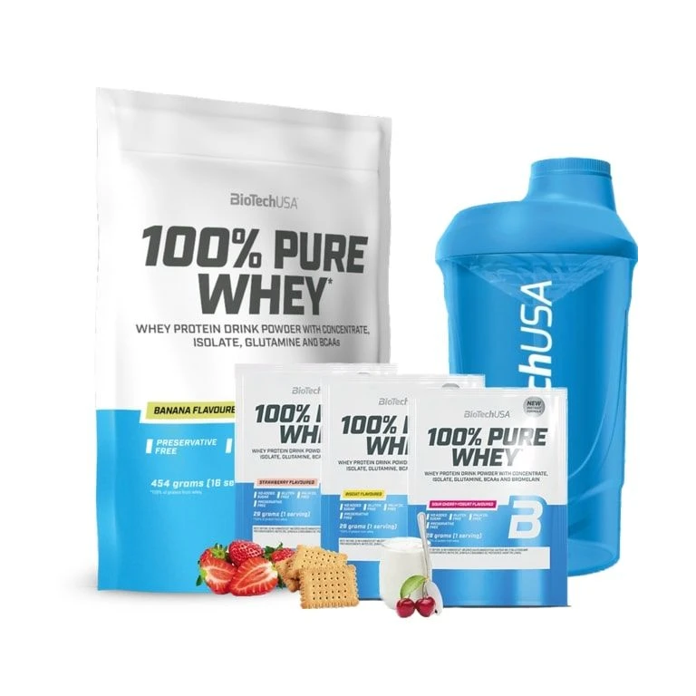 Special Offer BioTech 100% Pure Whey 454 g + FREE Shaker 600 ml + 3x sample